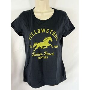 Yellowstone Dutton Ranch Montana fitted Black T shirt Women's Sz L 100% Cotton